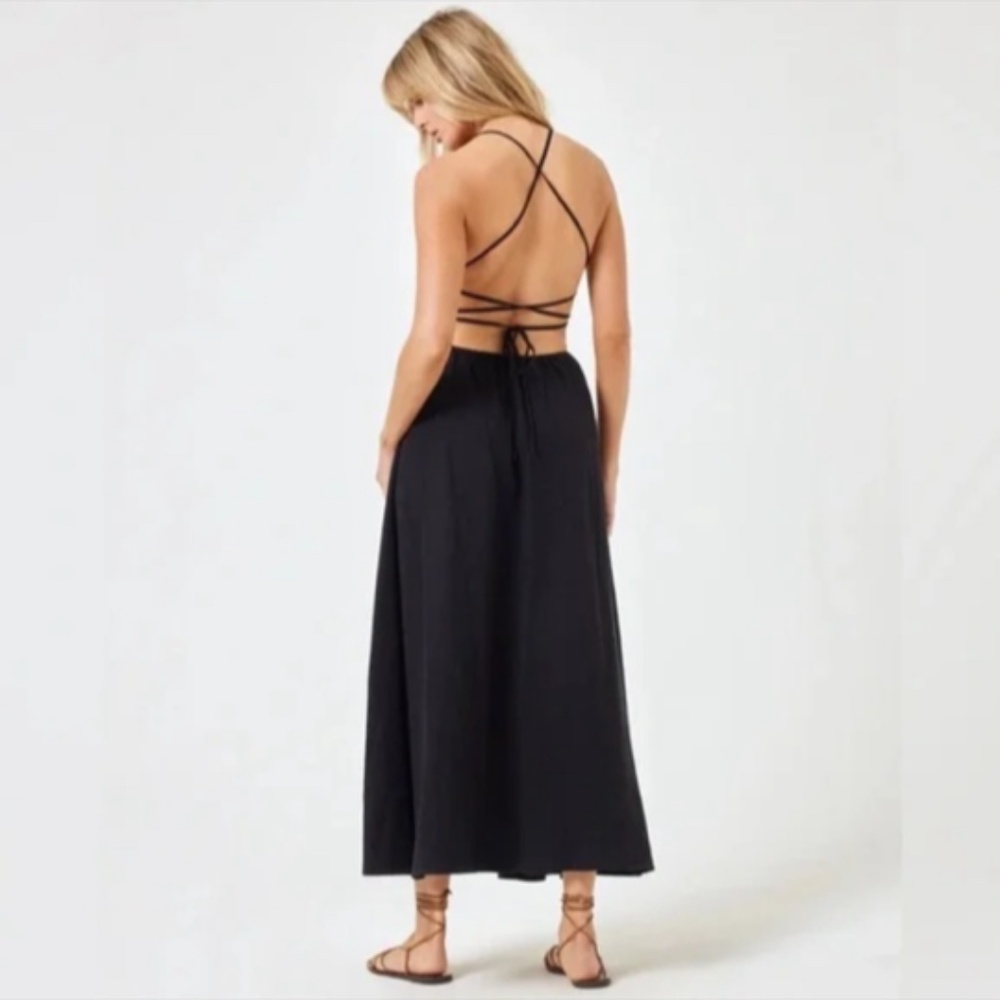 L*Space Playa Vista Open Crossback Linen Blend Midi Dress Black Size M - NWT - Picture 3 of 8
